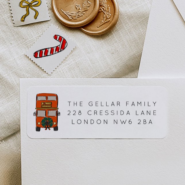 Etiqueta Dirección de devolución de Navidades de bus de dob (London Double Decker Bus Christmas Return Address Label)