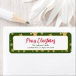 Etiqueta Dirección de devolución de Navidades estacionales<br><div class="desc">Elegantes Navidades modernos devuelven la etiqueta de dirección enmarcada en el fondo verde del bosque con el patrón estrella de los Navidades de oro y escritura roja.</div>
