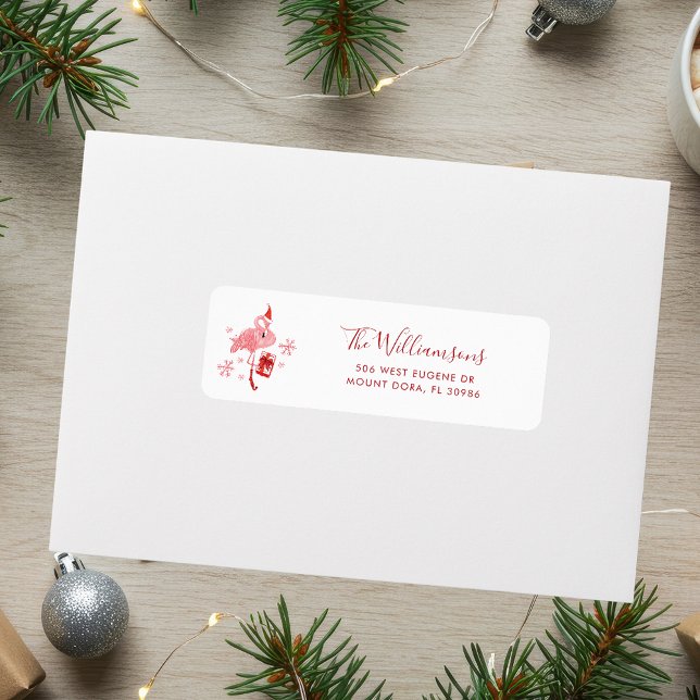 Etiqueta Dirección de devolución de Navidades Flamingo Rosa (Pink Flamingo Christmas Return Address Label)