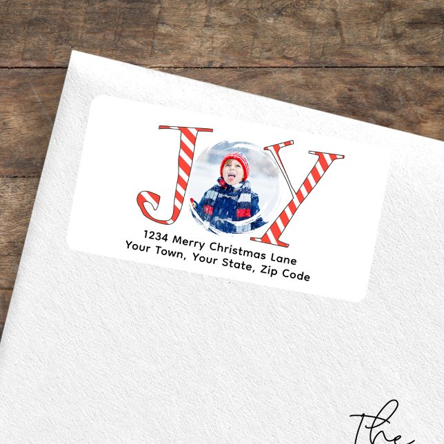 Etiqueta Dirección de devolución de Navidades fotográficos  (Joy cute photo typography design return address label. )