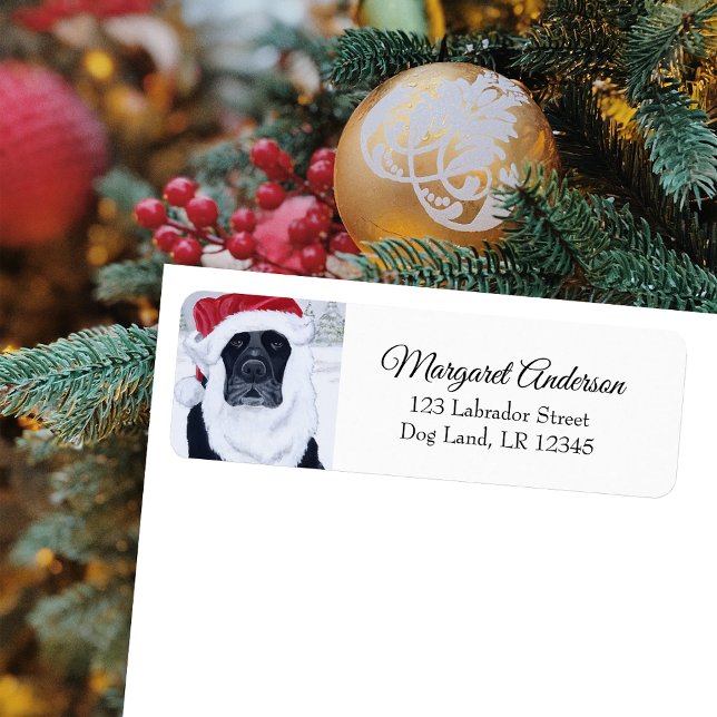 Etiqueta Dirección de devolución de nieve de los Navidades  (Black Labrador Christmas Snow Design Return Address Labels for Black Labrador Owners.  Santa hat.)