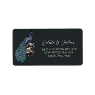 Etiqueta Dirección de devolución de pavo real floral negro