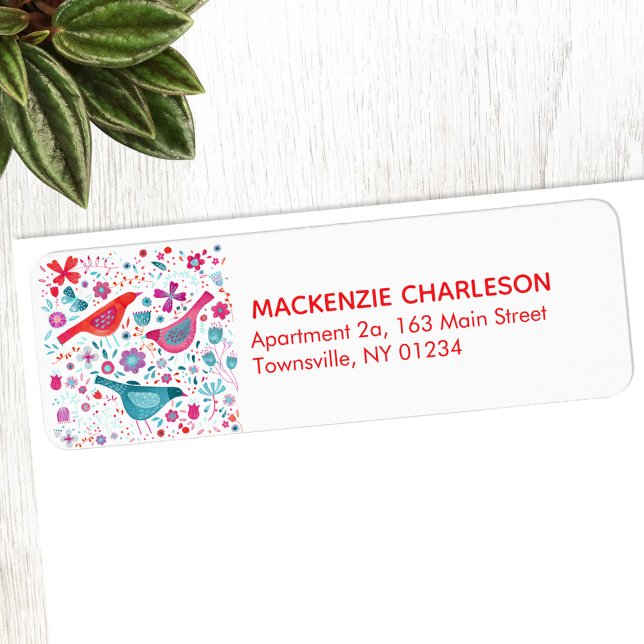 Etiqueta Dirección de devolución de Personalizado de acuare (Watercolor bird and flower personalized return address label)