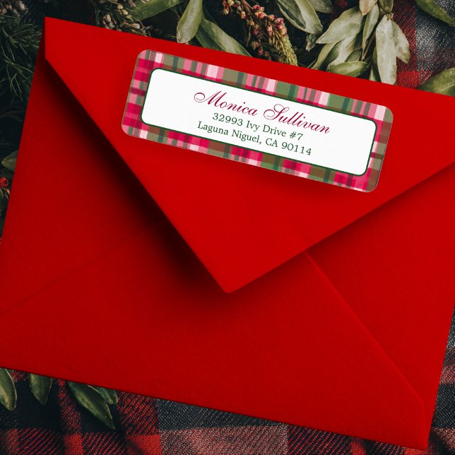 Etiqueta Dirección de devolución de PERSONALIZADO de Navida (Watercolor Plaid Christmas Holiday red Green Elegant Chic CUSTOM Return Address Label
)