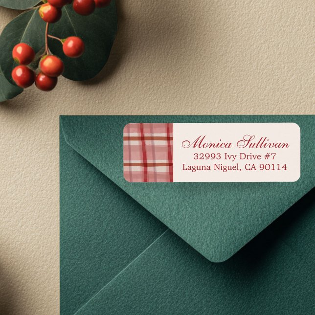 Etiqueta Dirección de devolución de PERSONALIZADO de Navida (Watercolor Red Plaid Christmas Holiday CUSTOM Return Address Label
)
