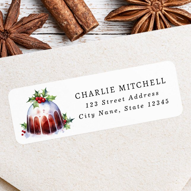 Etiqueta dirección de devolución de pudín de Navidad acuare (Red cardinal watercolor Christmas return address Label)