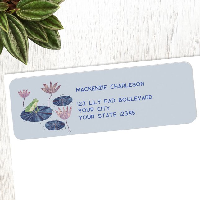 Etiqueta Dirección de devolución de rana (Frog Lily Pad personalized custom text return address label)