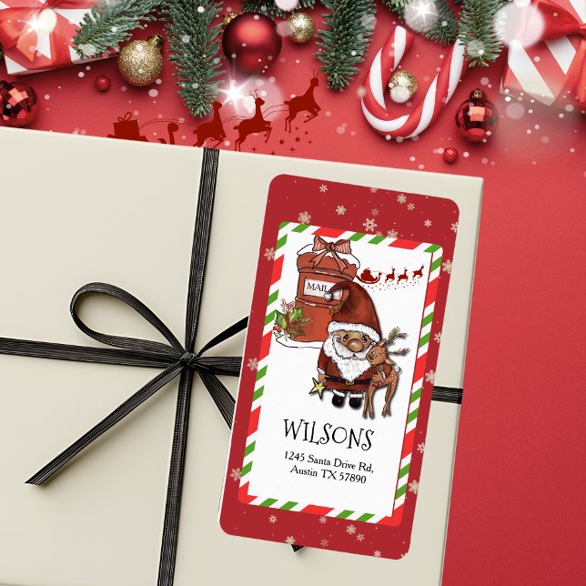 Etiqueta Dirección de devolución de Santa Renoiero Navideño (Whimsical Santa Reindeer Christmas Return Address Label)