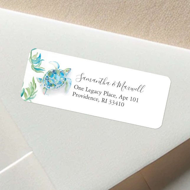 Etiqueta Dirección de devolución de tortugas marinas de col (beach return address labels watercolor sea turtle art by Victoria Grigaliunas of Do Tell A Belle)