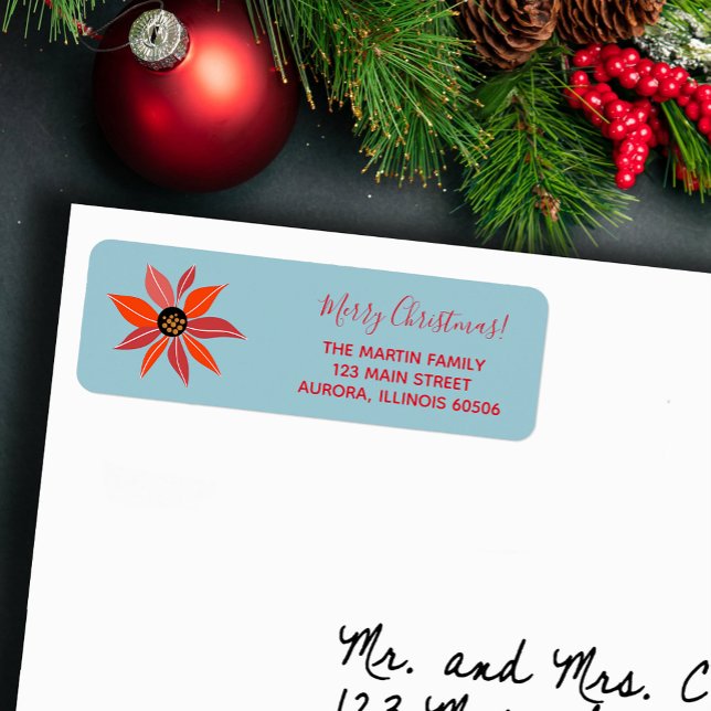 Etiqueta Dirección de devolución de vacaciones de Navidades (Red poinsettia Christmas holiday return address labels)