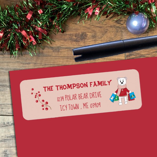 Etiqueta Dirección de devolución de vacaciones rosa del oso (Cute polar bear with shopping bags rose pink Holiday return address labels .)