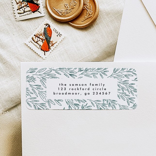 Etiqueta Dirección de devolución de vinos verdes (Green vines hand-drawn botanical festive return address label.)