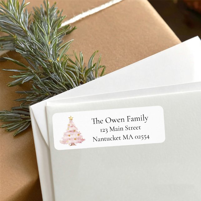 Etiqueta Dirección de devolución del árbol de Navidad rosa (Pink christmas tree return address label)