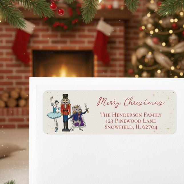 Etiqueta Dirección de devolución del ballet del cascanueces (Colorful Festive Merry Christmas Seasonal Nutcracker Ballet Return Address Labels in Elegant Ivory)