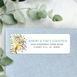 Etiqueta Dirección de devolución del Bat Mitzvah Gold Blue<br><div class="desc">Estar orgulloso, regocijarse y mostrar este hito de su Bat Mitzvah favorito con esta divertida, sofisticada y personalizada etiqueta de dirección de retorno! Un impresionante y gráfico árbol de Relieve metalizado dorado falso con una estrella de David brillante, turquesa, verde azulada, morada y azul y "hojas de punto" sobre un...</div>