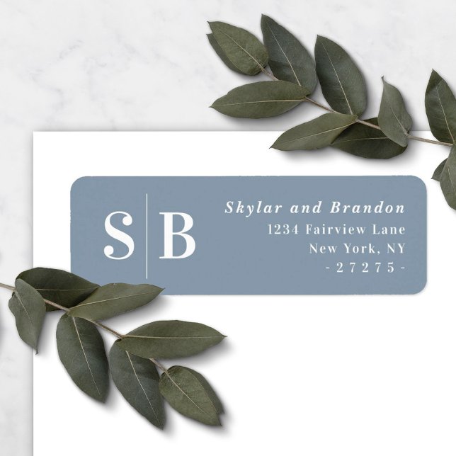 Etiqueta Dirección de devolución del Boda monogramado azul  (Subido por el creador)