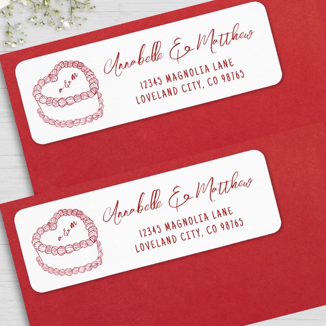 Etiqueta Dirección de devolución del Boda rojo dibujado con (Vintage Cake Hand Drawn Red Wedding Return Address label )