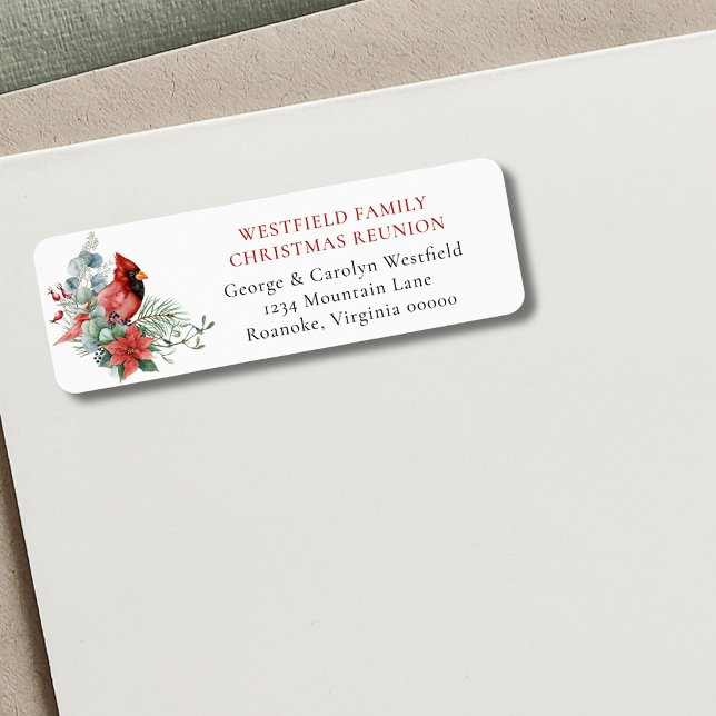 Etiqueta Dirección de devolución del cardenal de la familia (Christmas Family Reunion Red Cardinal Party Invitation Return Address Label)