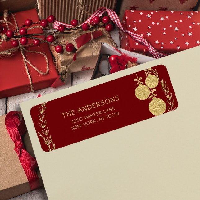 Etiqueta Dirección de devolución del Purpurina Maroon Gold  (Christmas Maroon Gold Glitter Return Address Label)