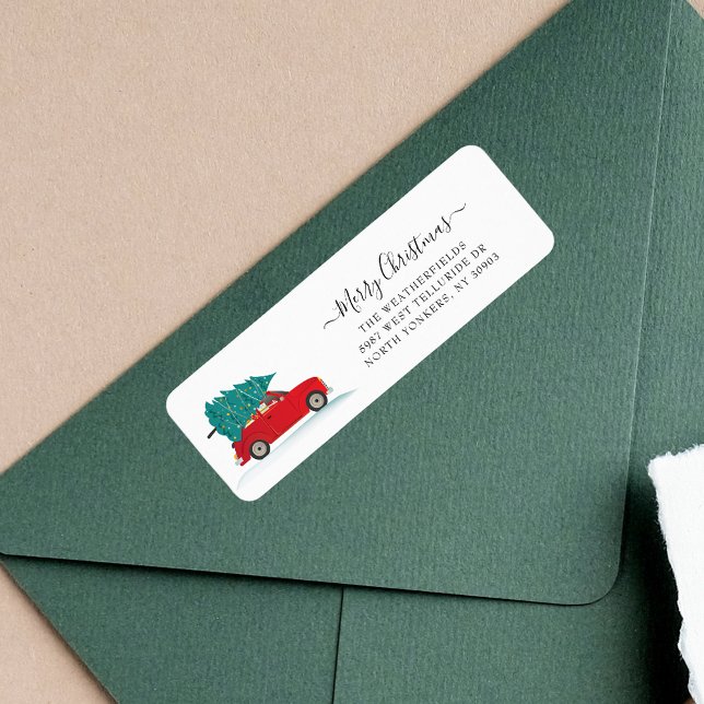 Etiqueta Dirección de devolución en movimiento de Navidades (Christmas Red Car Tree Return Address Label)