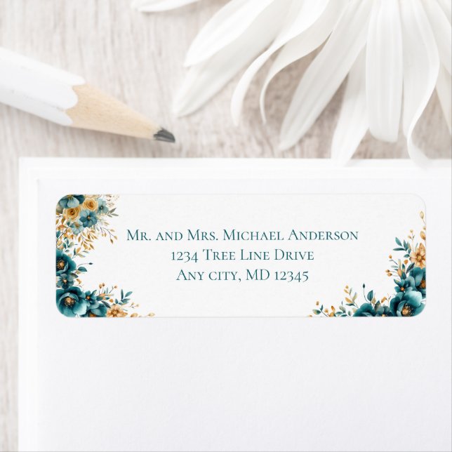 Etiqueta Dirección de devolución floral acuarela verde azul (In situ)