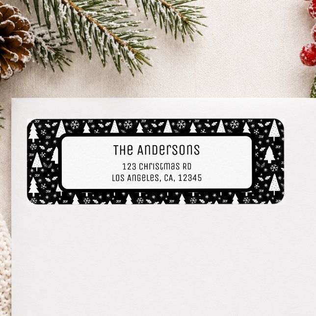 Etiqueta Dirección de devolución negra personalizada de Nav (Christmas Personalized Black Return Address Label)
