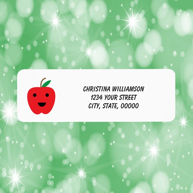 Etiqueta Dirección de devolución personalizada de Apple Red (A return address label with a cute kawaii apple and text you can personalize!)
