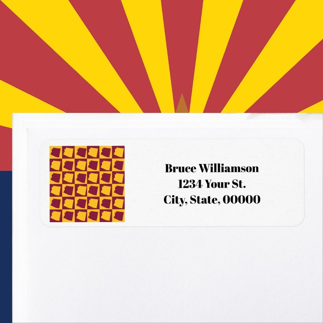 Etiqueta Dirección de devolución personalizada de Arizona M (A return address label with a maroon and gold pattern featuring the US state of Arizona.)