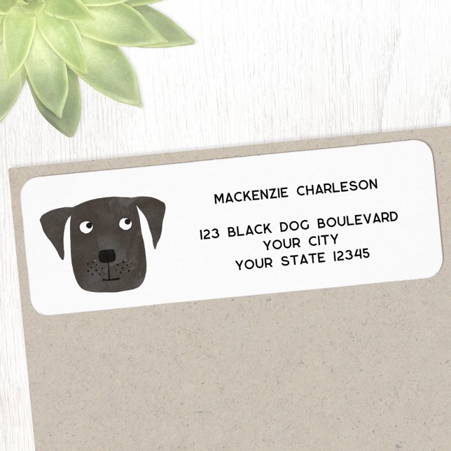 Etiqueta Dirección de devolución personalizada de divertido (Fun black dog watercolor whimsical return address personalized sticker labels)