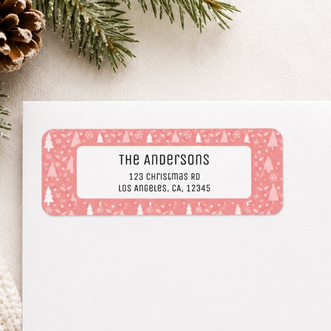 Etiqueta Dirección de devolución personalizada rosa de Navi (Christmas Personalized Pink Return Address Label)