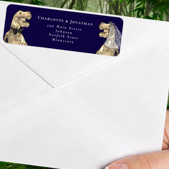 Etiqueta Dirección de devolución temática de dinosaurio (Dinosaur wedding navy blue and white custom return address label Sticker T-Rex dino bride and groom)