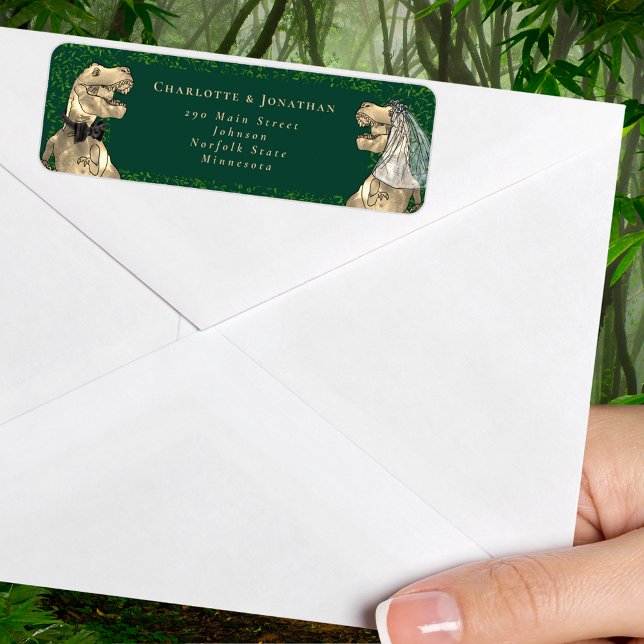 Etiqueta Dirección de devolución temática de dinosaurio (T-Rex bride and groom dinosaur wedding return address label Watercolor eucalyptus foliage)