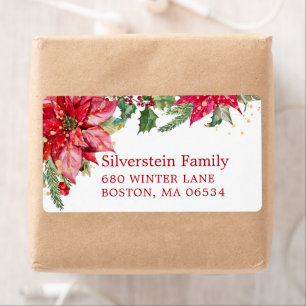 Etiqueta Dirección de envío de Poinsettia Gold Splatter