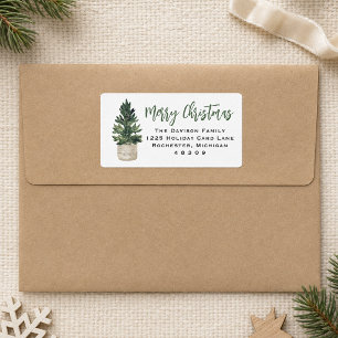 Etiqueta Dirección de familia de Navidad de pino en maceta