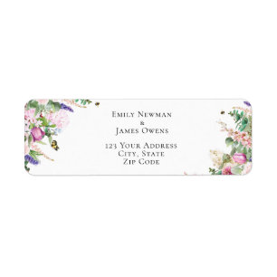 Etiqueta Dirección de flores moradas rosadas y mariposas