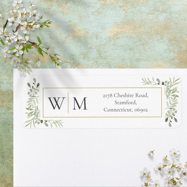 Etiqueta Dirección de follaje de acuarela de monograma (Monogram Greenery Watercolor Foliage Address Label)