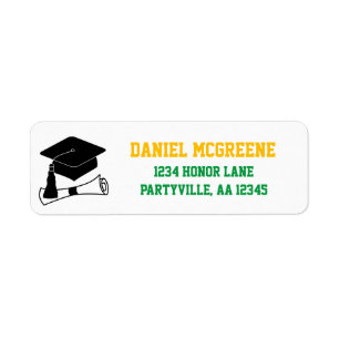 Etiqueta Dirección de Grad Cap Green y Gold Graduation