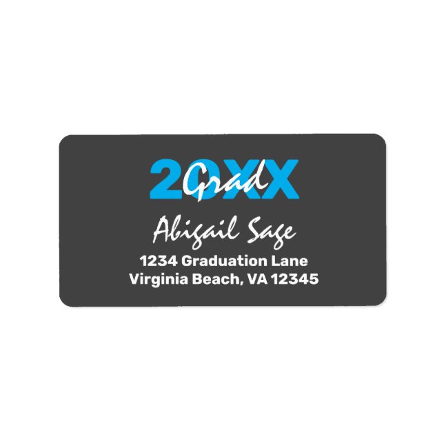 Etiqueta Dirección de graduación moderna en blanco y azul (Frente)