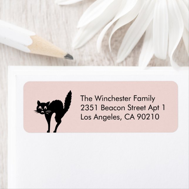 Etiqueta Dirección de Halloween de gatita negra rosa de col (In situ)