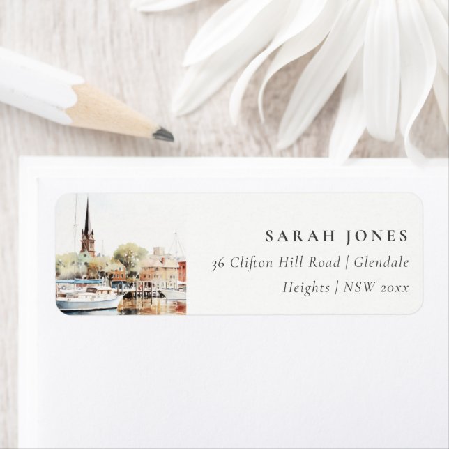 Etiqueta Dirección de la acuarela de Annapolis Maryland, mo (In situ)