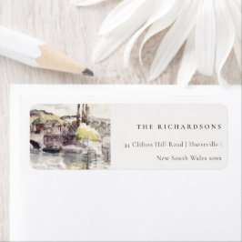 Etiqueta Dirección de la acuarela del puente rural ruso Riv