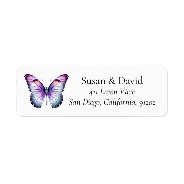 Etiqueta Dirección de mariposa azul púrpura y ligera (Frente)