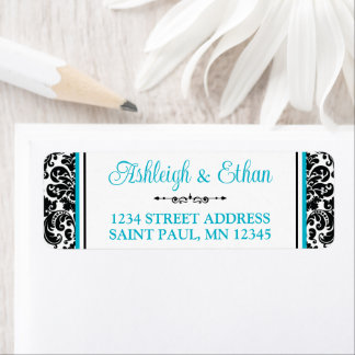 Etiqueta Dirección de matrimonio turquesa, blanco negro Dam