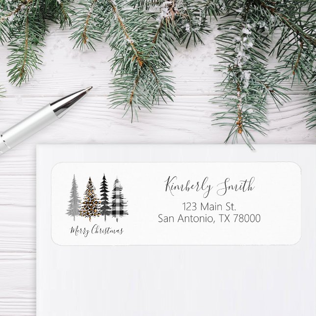 Etiqueta Dirección de Navidad Glam Leopardo y Cuadros (Modern Farmhouse Return Address Sticker)