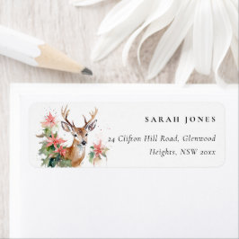 Etiqueta Dirección de Navidades de Poinsettia de reno de co