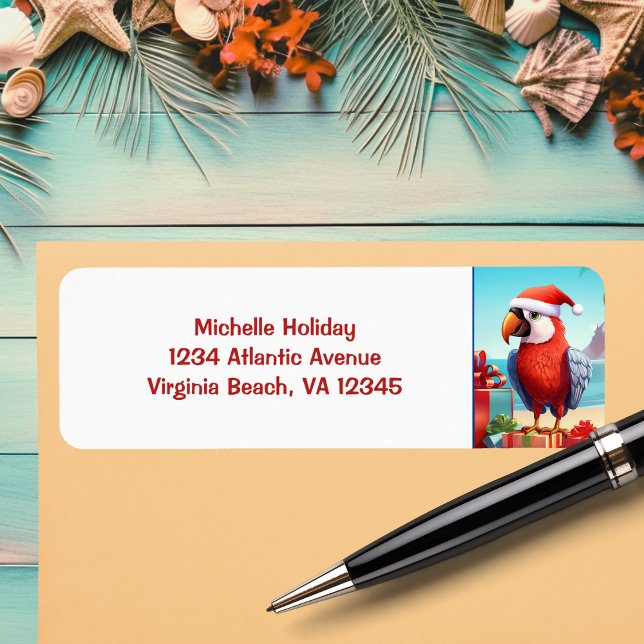 Etiqueta Dirección de Navidades tropicales de playa de Sant (Cute Santa Parrot Tropical Beach Christmas Address Label)