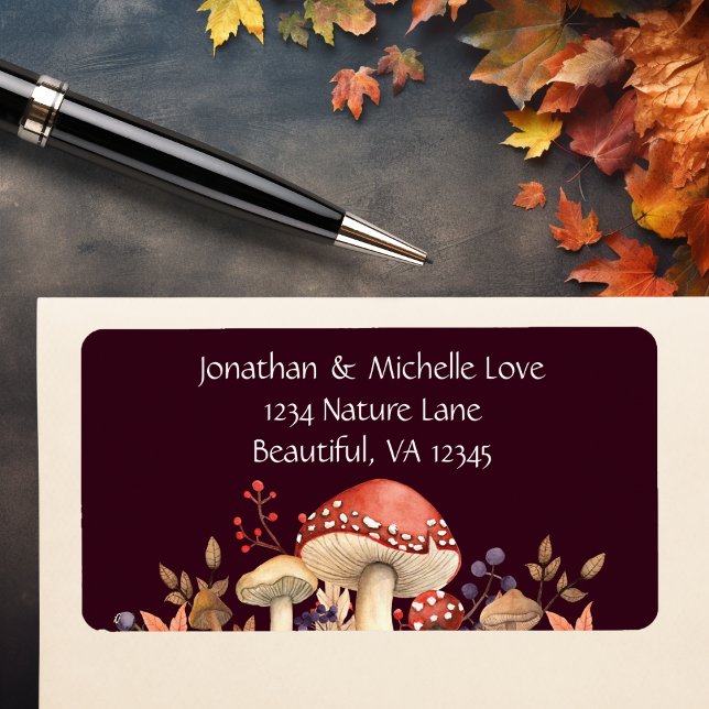 Etiqueta Dirección de otoño de hongos, plantas y hojas (Autumn Mushrooms, Plants and Leaves Fall Address Label)