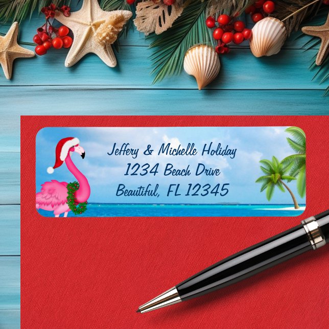 Etiqueta Dirección de playa de Navidades Flamingo Santa Ros (Santa Pink Flamingo Christmas Beach Address Label)
