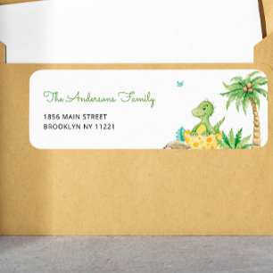 Etiqueta Dirección de retorno de Baby Shower de dinosaurios
