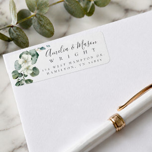 Etiqueta Dirección de Retorno de Boda con Floral Blanco de